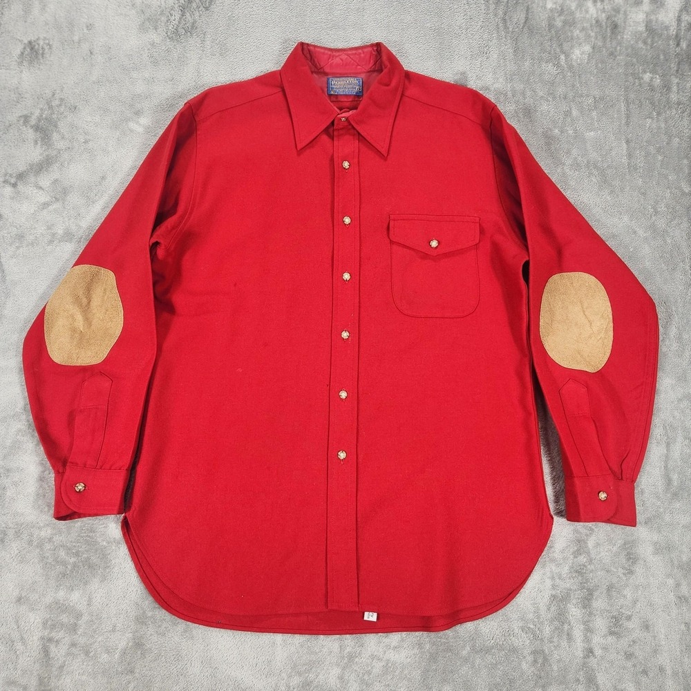 Vintage Pendleton Shirt Mens Large Red Wool Quilted Elbow Patch Made USA 70s